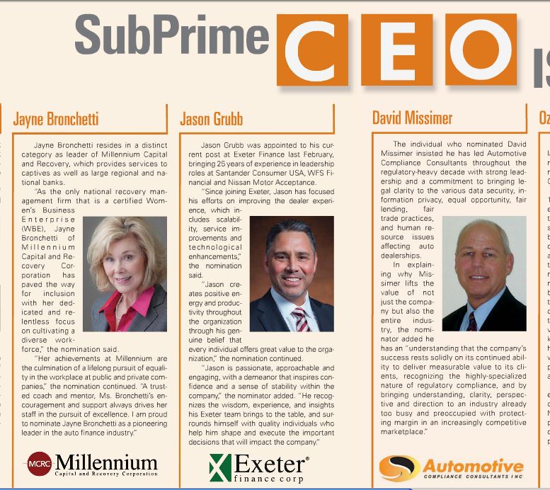 Millennium Capital and Recovery Corporation’s president Jayne Bronchetti top CEO in the auto finance industry according to SubPrime Auto Finance News